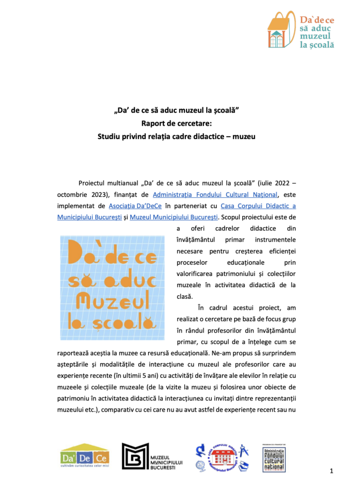 Studiu privind relația cadre didactice – muzeu – prima pagină